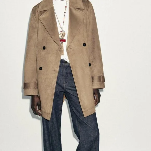 NWT Zara Faux Suede Trench Coat - Picture 4 of 8